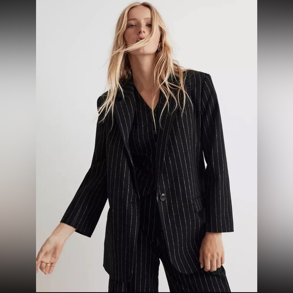 NWT Madewell Oversized Wool Blend Blazer in Pinstripe Black Size 12